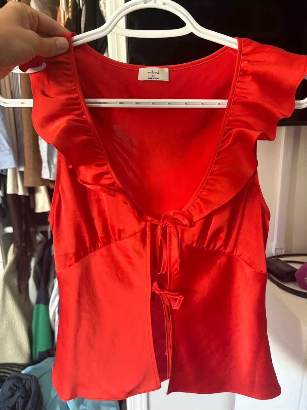 Wilfred Bright Red V-Neck Ruffle Tie Front Tank